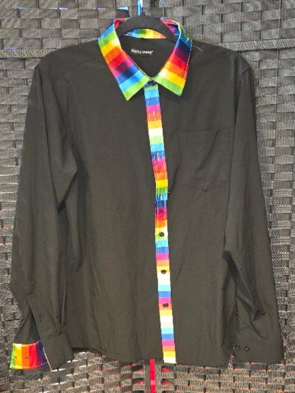 Barry.Wang Rainbow Contrast Collar Black Long Sleeve Designer Dress Shirt